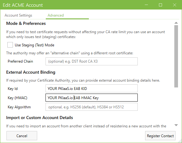 ACME Account EAB Credentials