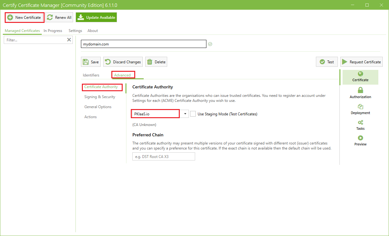 Request Certificate from New CA